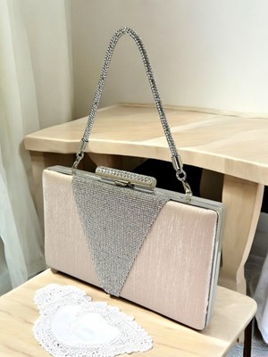 Biçanta Ten Nude Taşlı Saplı Simli Saten Üzeri Gümüş Kristal Taş Süslemeli Kadın Abiye Çanta