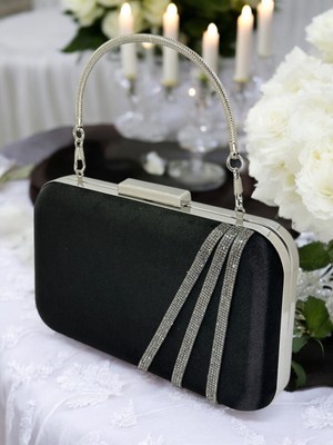 Biçanta Siyah Renk Saten Platin Taşlı Abiye Çanta Gece Çantası Nişan Düğün Çantası