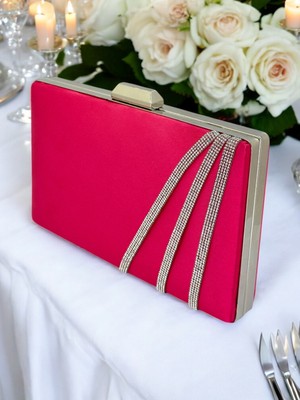 Biçanta Fuşya Pembe Renk Saten Çapraz Kristal Gümüş Taşlı Kadın Abiye Çanta Düğün Nişan Mezuniyet