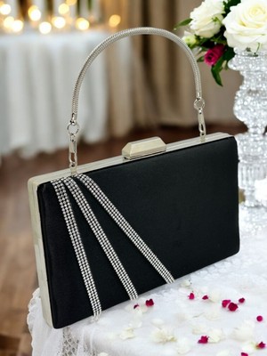 Biçanta Siyah Renk Saten Çapraz Gümüş Kristal Taşlı Kadın Abiye Çanta Düğün Nişan Mezuniyet