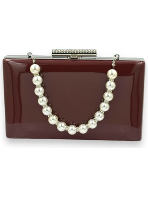 Biçanta Bordo Renk Ayna Rugan Inci Saplı  Abiye Çanta Gece Çantası Kına Düğün Nişan Balo Davet