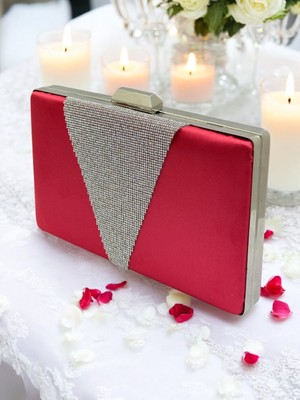 Biçanta Fuşya Saten Gümüş Taşlı Abiye Çanta Gece Çantası Nişan Düğün Çantası