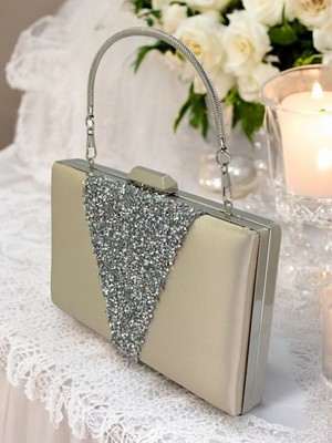 Biçanta Ten Nude Saten Gümüş Taşlı Metal Saplı Abiye Çanta Gece Çantası Nişan Düğün Çantası