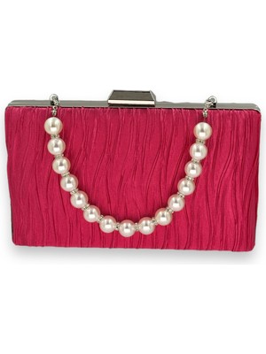 Biçanta Fuşya Pembe Inci Saplı Pileli Saten Abiye Çanta Gece Çantası Düğün Nişan Davet Mezuniyet