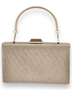 Biçanta Altın Renk Lazer Desenli Metal Saplı Dökülmeyen Simli Abiye Çanta Gece Çantası Kına Düğün Nişan