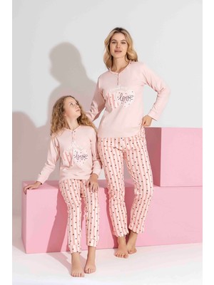 Tarık Anne-Kız Kombin Yapılabilir Uzun Kollu Kalp Desenli Interlok Aile Bağı Pijama TAKIMI-3207