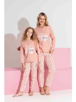 Tarık Anne-Kız Kombin Yapılabilir Uzun Kollu Kalp Desenli Interlok Aile Bağı Pijama TAKIMI-3207