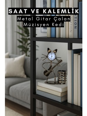 Metal Saat ve Kalemlik Gitar Çalan Müzisyen Kedi Masa Üstü Kalemlik Casapetra