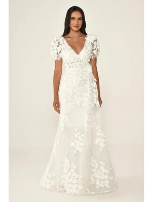 ALFABETA Kadın Balon Kollu 3 Boyut Çiçekli Kuşaklı Abiye Elbise