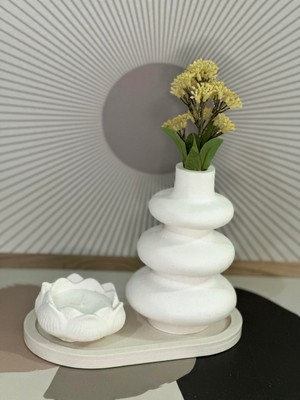 3 Parça Dekoratif Set – Taş Tozu Vazo, Mum ve Tepsi