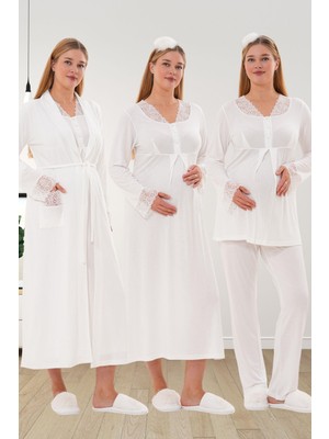 Mecit Pijama Mecit 6332 Ekru Sabahlık Gecelik Pijama Hamile Lohusa Set