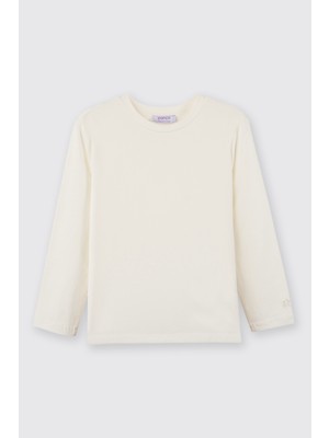 Panço Kız Çocuk Uzun Kollu Beyaz Tişört Truvakar Kol Günlük Stil Örme Kumaş