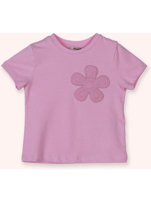 Panço Kız Bebek Yuvarlak Yaka Kısa Kollu Çiçek Motifli Pembe Tişört