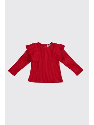 Panço Kız Bebek Kırmızı Tişört Truvakar Kol Fırfır Detaylı Günlük Stil Örme Kumaş