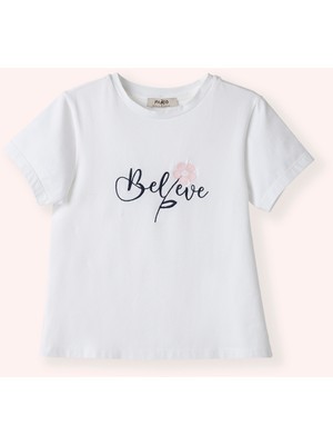 Panço Kız Çocuk Nakış Detaylı Beyaz Tişört