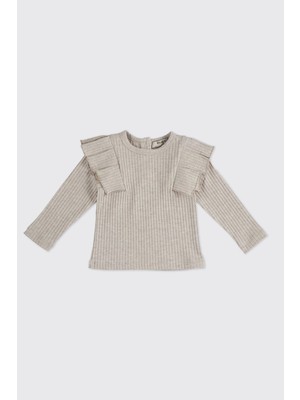 Panço Kız Bebek Kolları Fırfır Detaylı Bej-Melanj Tişört
