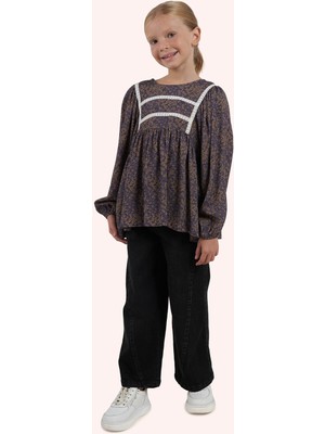 Panço Kız Çocuk Desenli Mor Elbise