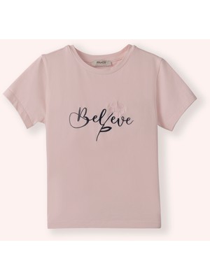 Panço Kız Çocuk Nakış Detaylı Pembe Tişört