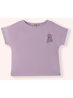 Panço Kız Çocuk Baskı Detaylı Kısa Kollu Lila Tişört