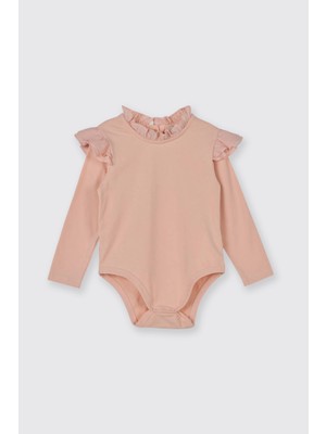Panço Kız Bebek Fırfır Detaylı Uzun Kollu Pudra Body