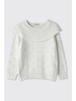 Panço Kız Çocuk Dokulu Ekru Triko Kazak