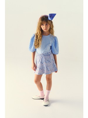Panço Kız Çocuk Kol Detaylı Mavi Tişört