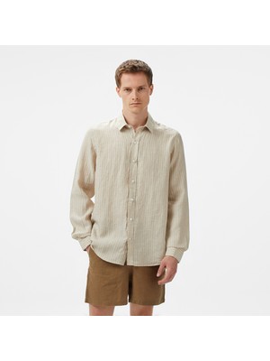 Nautica Erkek Bej Classic Fit Çizgili Keten Gömlek W55434T.12X