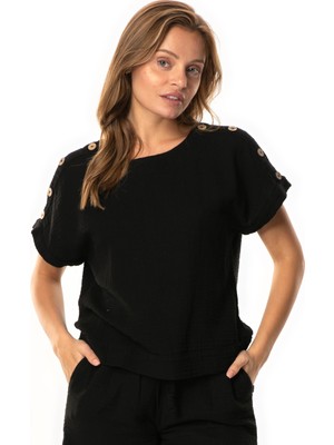 Eliş Şile Bezi Kısa Kol Serap Bisiklet Yaka Müslin Yazlık Bluz Siyah Syh