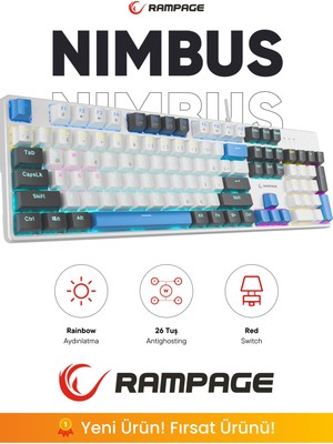 Rampage Nımbus Beyaz USB Rainbow Türkçe Red Switch 26 Tuş Anti-Ghosting Mekanik Klavye Oyuncu Klavyesi