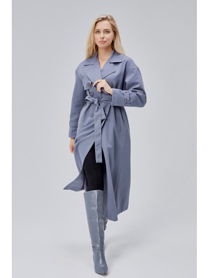 Bolivente Kadın  Oversize Trençkot Gri Renk Gömlek Yaka Polyester Malzeme ile Şık Tasarım