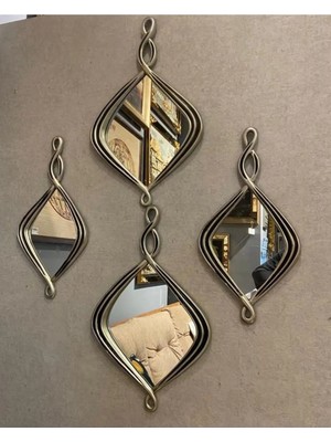 Peramari Dekoratif Polyester Dörtlü Damla Burgulu Lüks Salon Duvar Ayna Takımı Gümüş-Siyah Eskitme