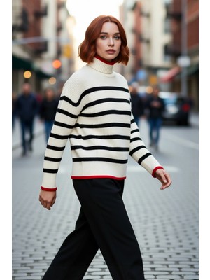 PayBuy Kadın Oversize Dik Yaka Çizgili Triko Kazak Uzun Kollu Kışlık Rahat Basic Giyim Kaliteli Şık