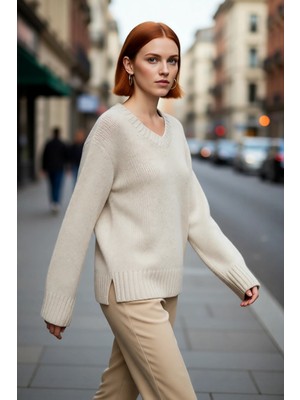 PayBuy Kadın Oversize V Yaka Basic Triko Kazak Pamuk Polyester Karışımı Uzun Kollu Kışlık Rahat Stili