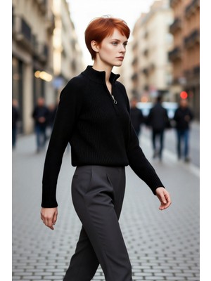 PayBuy Kadın Regular Fit Crop Dik Yaka Fermuarlı Selanik Örgü Akrilik Triko Kazak Kışlık Kombinlerin