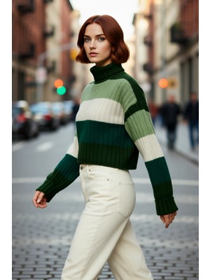 PayBuy Kadın Balıkçı Yaka Renk Bloklu Super Crop Düşük Kol Fitilli Triko Kazak Soğuk Havalar Için Ideal