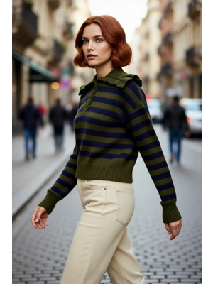 PayBuy Kadın Haki Çizgili Devrik Yaka Crop Triko Kazak Düşük Kollu Rahat Kışlık Basic Model Kaliteli