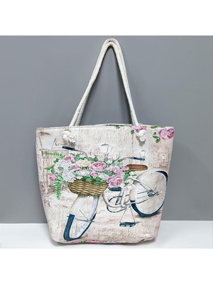 Zero Spt-Gld Bisiklet Desenli Plaj Çantası-Krem