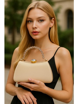 Biçanta Özel Tasarım Ten Renk Altın Detaylı Simli Saten Saplı Kulplu Kadın Abiye Çanta Düğün Nişan Balo