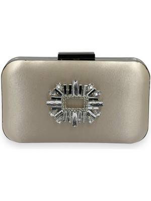 Biçanta Ten Nude Renk Saten Gümüş Kasalı Gümüş Taşlı Abiye Çanta Gece Çantası Düğün Nişan Portföy