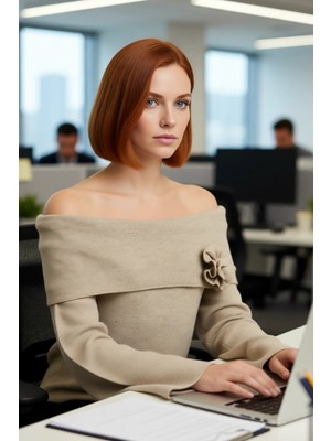 FRM Kadın Rahat Kesim Carmen Yaka Gül Detaylı Triko Kazak Şık Basic Çan Kol Tasarımı Ile Konfor