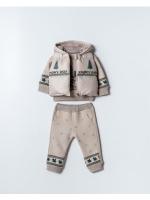 Love Max Snowy Days Kapüşonlu Şişme Yelekli Üçlü Alt Üst Takım - Bej - 12 Ay Bej