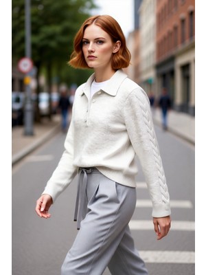 PayBuy Kadın Regular Kalıp Saç Örgü Detaylı Polo Yaka Orta Kalınlık Triko Kışlık Uzun Kollu Kazak