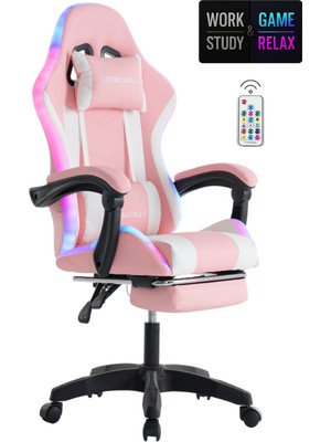 Fashcolle Pink Star Işıklı Oyuncu Koltuğu Pembe-Beyaz Yüksek Yoğunluklu Sünger ve 360 Derece Döner Mekanizma
