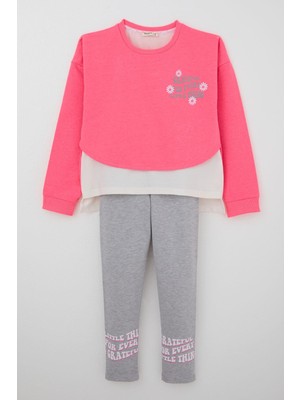 Breeze Kız Çocuk Taytlı Takım Yazı Çiçek Baskılı 8-12 Yaş, Neon Pembe