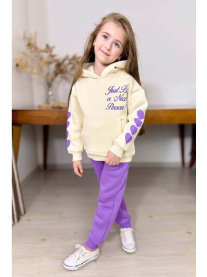 Riccotarz Kız Çocuk Sırt Baskılı ve Kollarında Yazı Detaylı Sweatshirt Mor Eşofman Takım