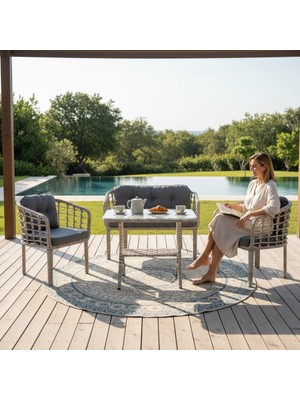Kartepe 2 1 1 Rattan Bahçe Balkon Mutfak Takımı,Bal Köpüğü Rattan/Koyu Gri Kumaş