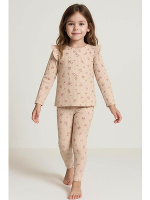 Breeze Kız Çocuk Taytlı Takım Çiçek Desenli Omuzu Fırfır Detaylı 2-6 Yaş, Pudra