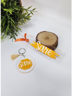 Happy Mountains Isme Özel Kişiye Özel Turuncu Detaylı Pleksi Kitap Ayracı ve Anahtarlık Seti