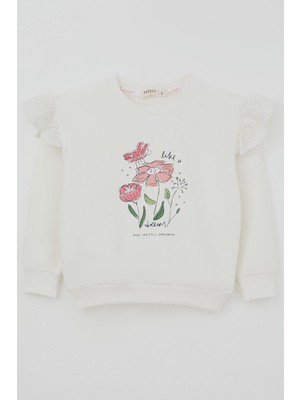 Breeze Kız Çocuk Sweatshirt Omuzları Çiçek Nakış Detaylı Çiçek Baskılı 2-6 Yaş, Ekru