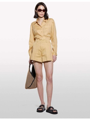 Sisley   %100 Keten Düğmeli Göğüs Cepli Uzun Kollu Gömlek